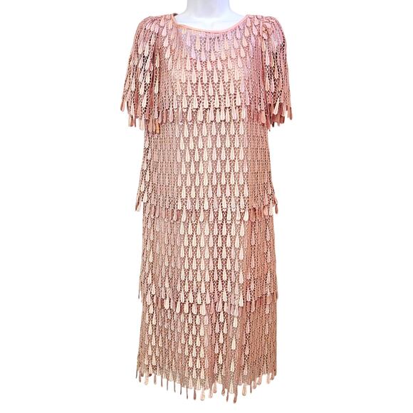 Vintage Dresses & Skirts - Vintage Union Made Pink Midi Dress Size 10 Layered Tiered Lace Romantic Feminine